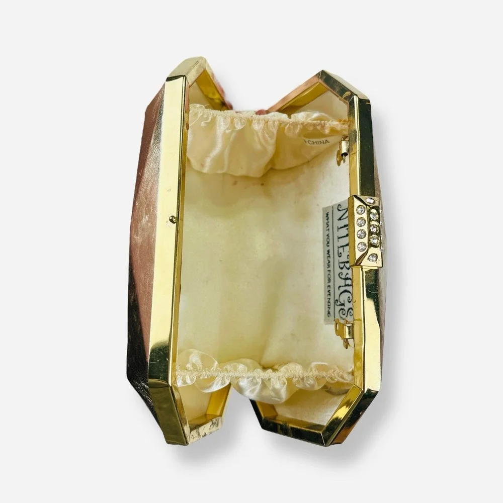 Vintage Nite Bags Gold Hard Shell Clutch Emerald Shape‎ Bar Rhinestone Clasp